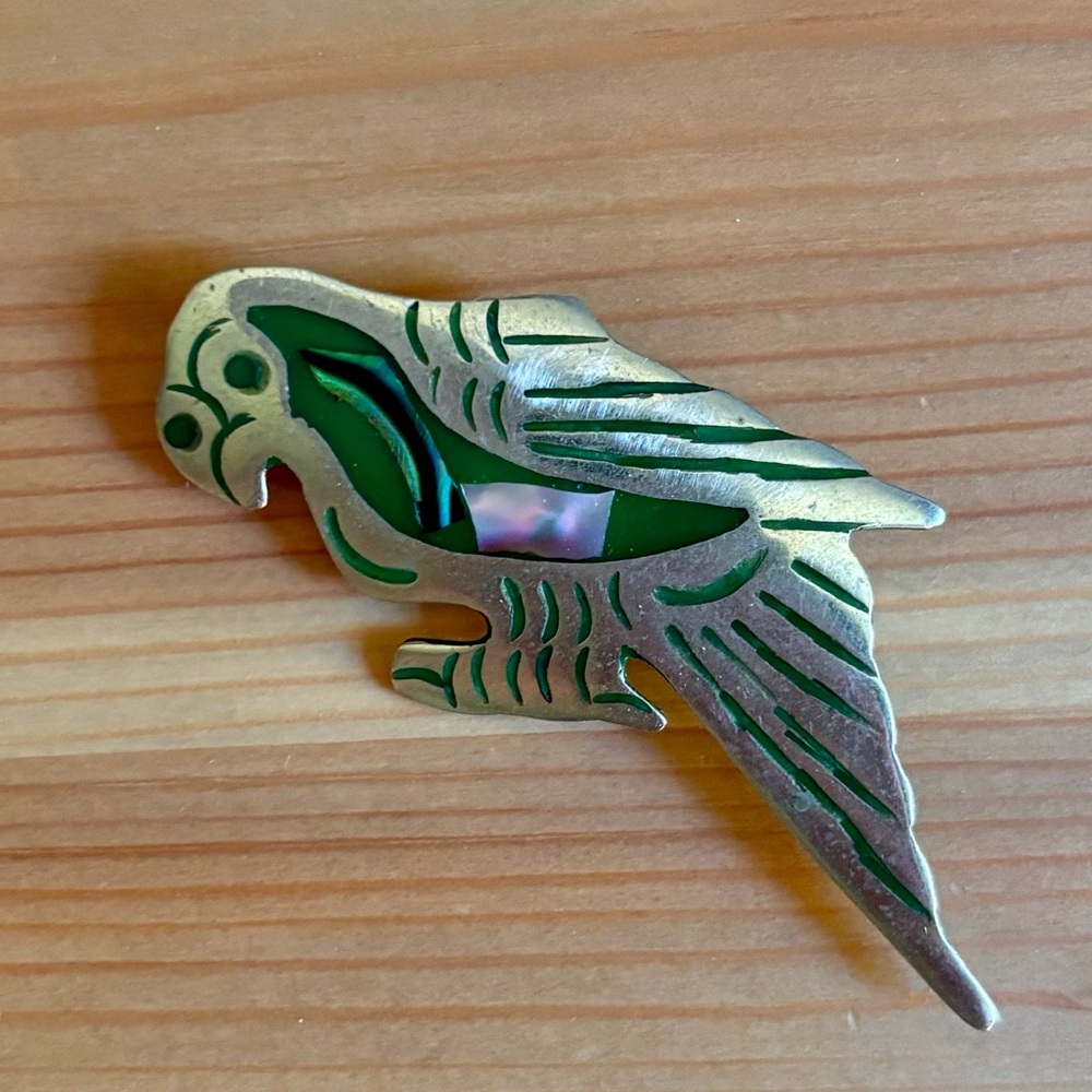 Vintage Silver Abalone Parrot pin Brooch, Mexican Alpaca Jewelry, Mid-Century